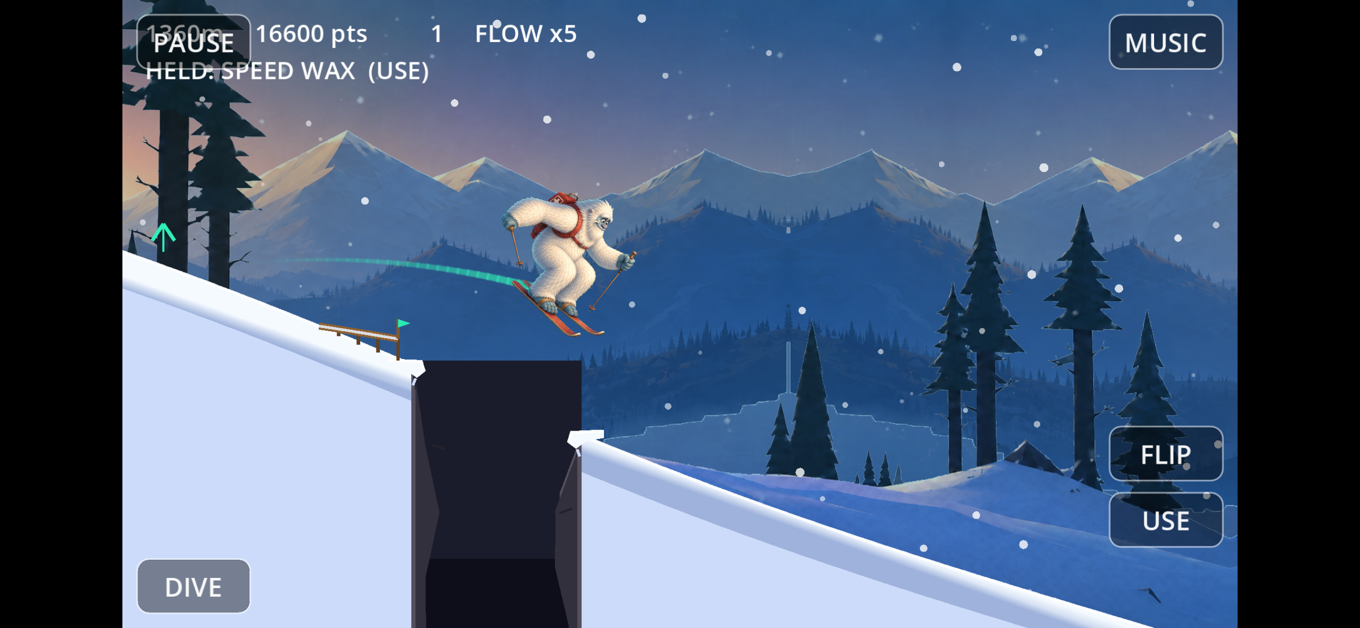 A yeti on skis launching over a wide chasm with a flow multiplier of five on screen.
