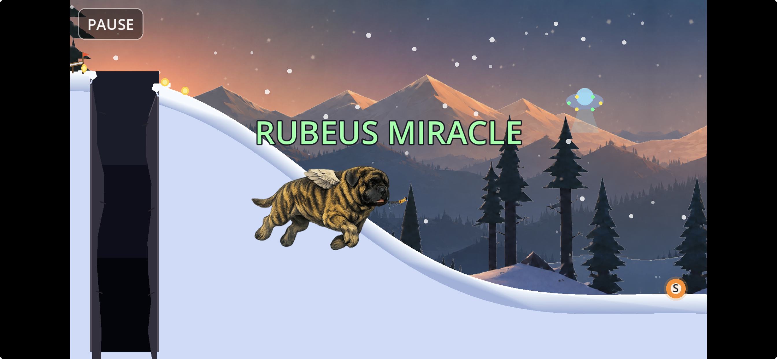 A winged brindle mastiff running across the snow beneath the words RUBEUS MIRACLE.