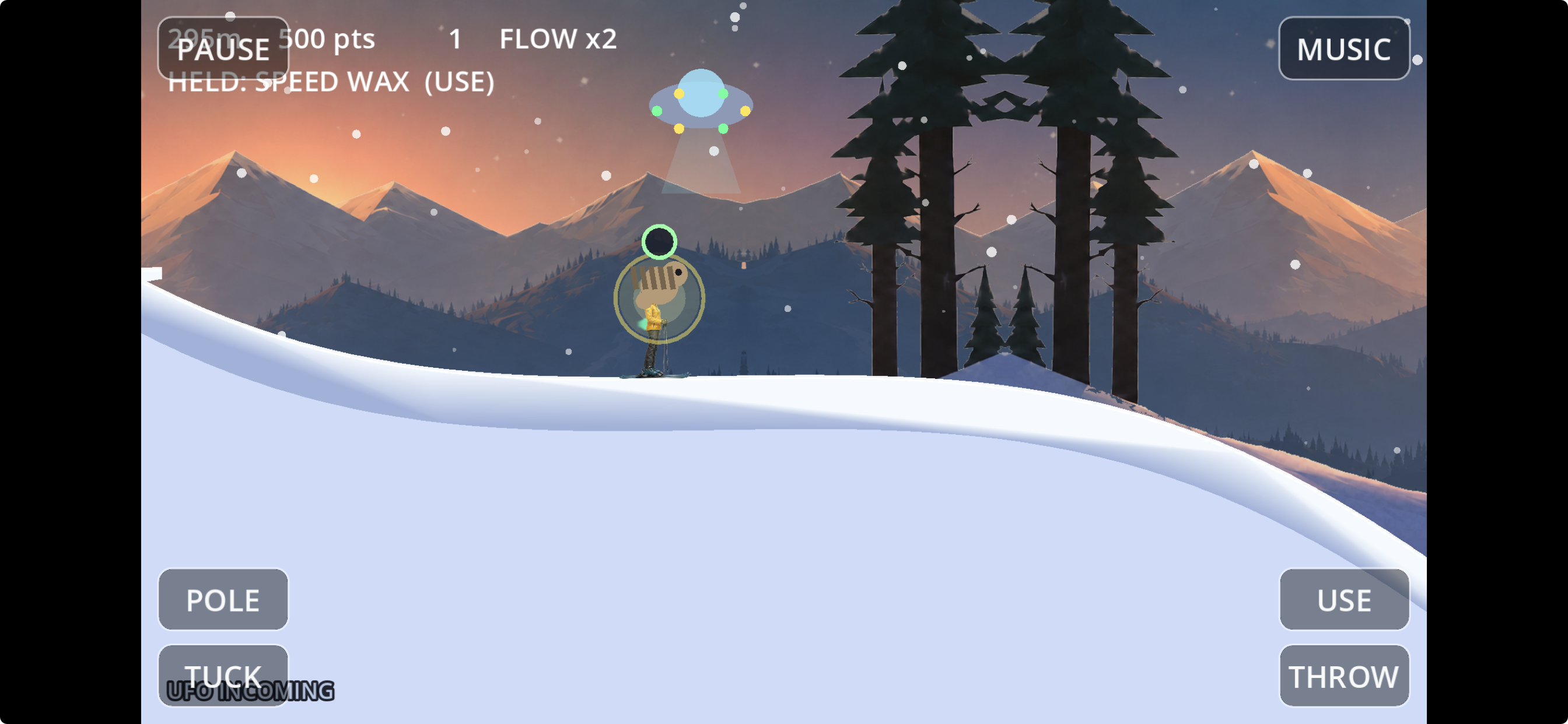 A UFO descending over the slope with a tractor beam while a skier lines up a throw.