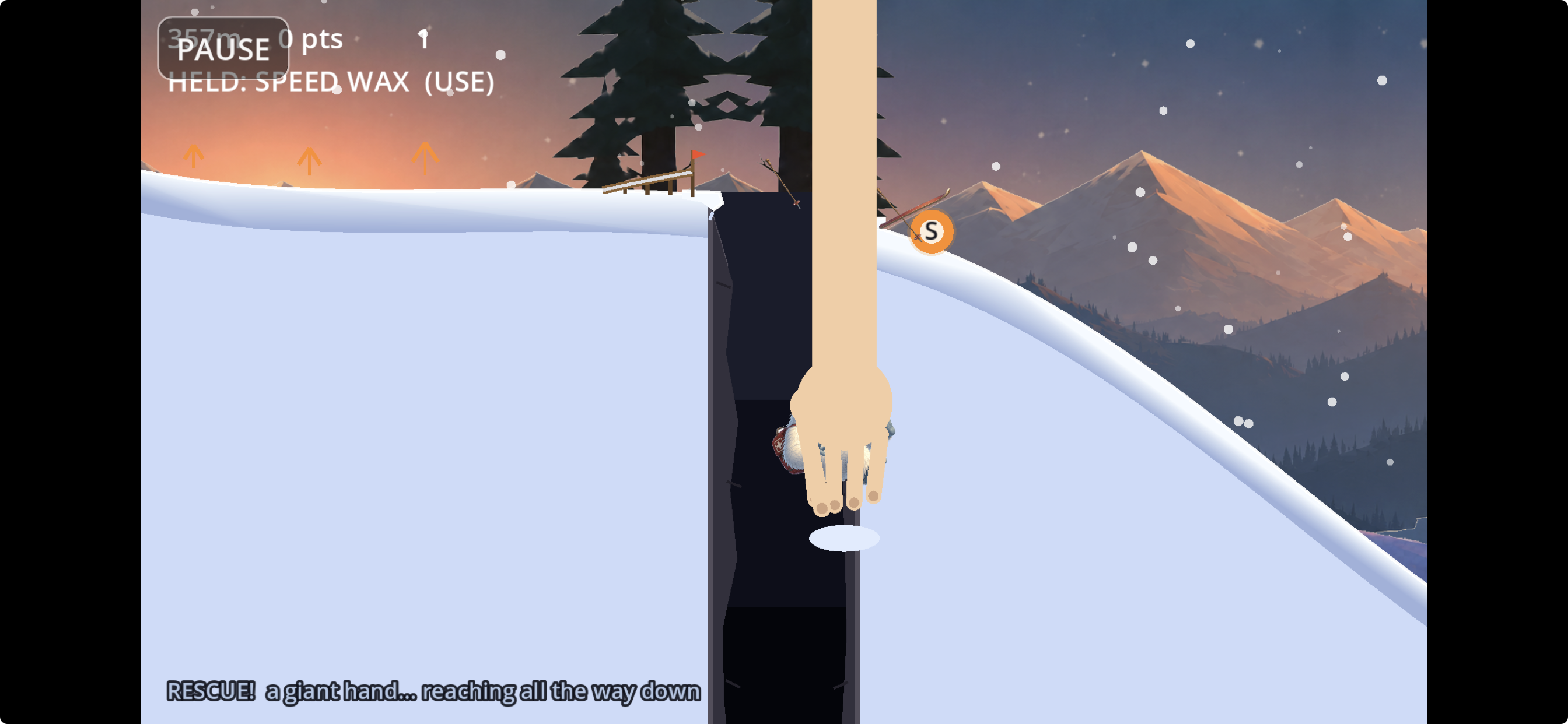 An enormous hand reaching down into a dark chasm to retrieve a fallen skier.