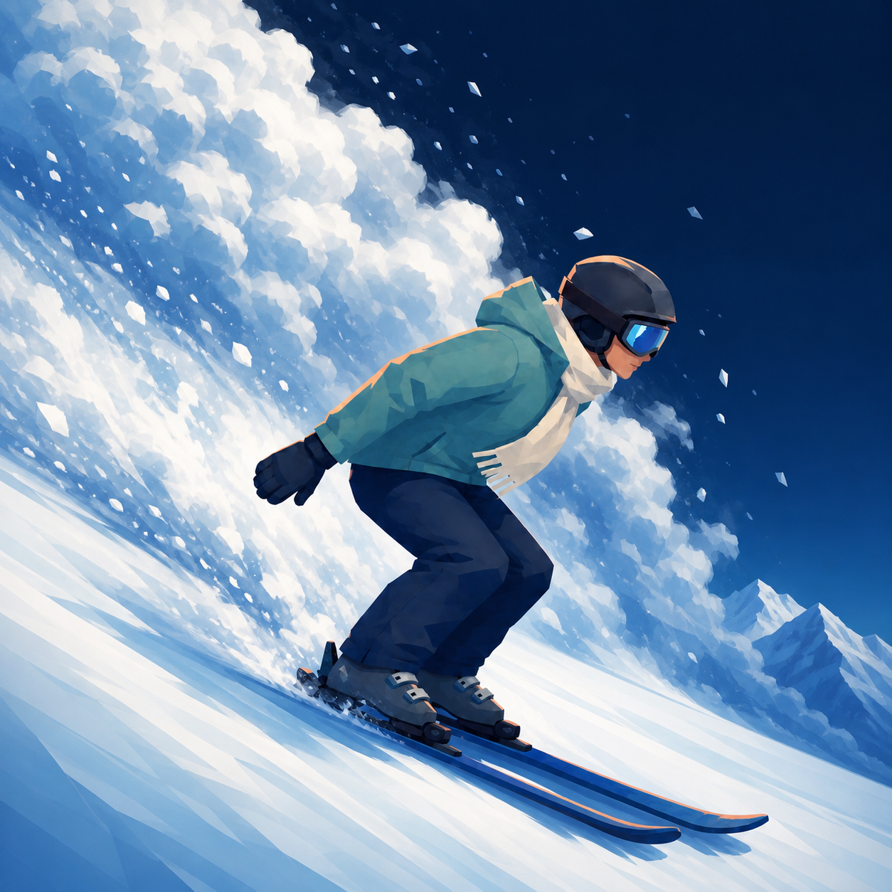 A skier in a full tuck racing downhill just ahead of a towering wall of avalanche snow.